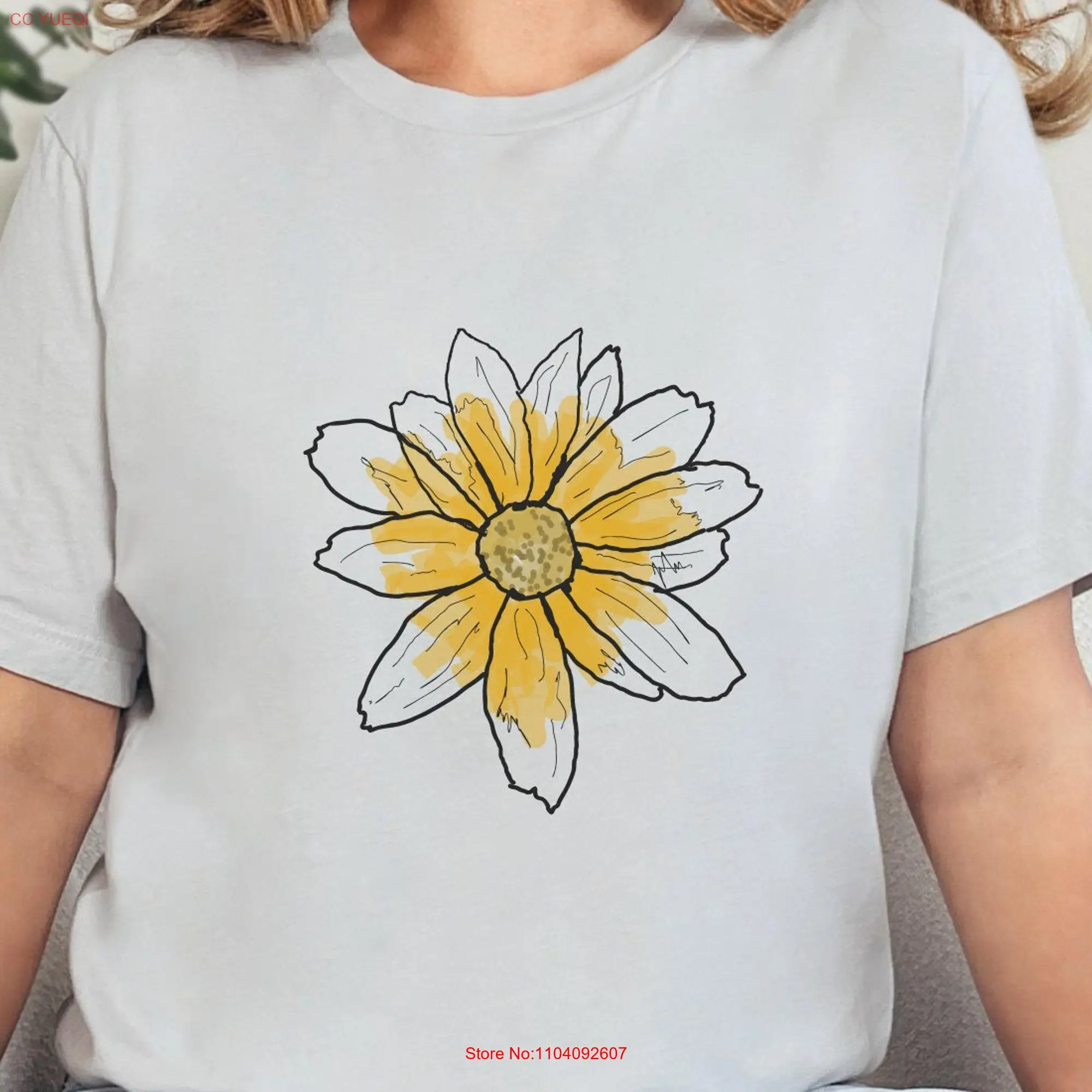 Big Daisy Hand Drawn T Shirt Yellow Shadow Design Floral Nature 6 Color Choices  long or short sleeves