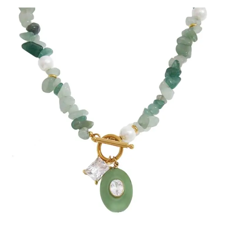 A52E Polished Detail Necklace for Women with Natural Stone Chip Beads, Toggle Clasp Jewelry for Daily Wardrobe