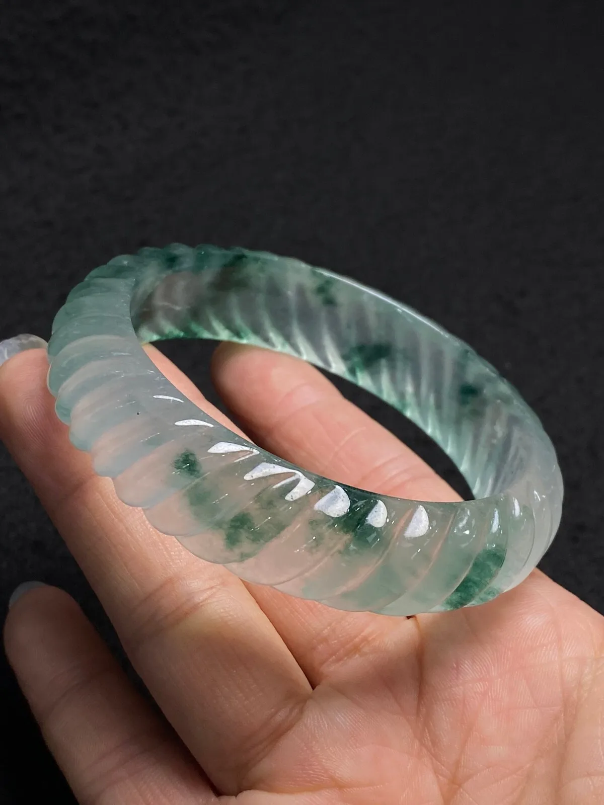 

Natural AAA Icy green Jade jadeite carving screw bracelet bangle 58.7mm Certific