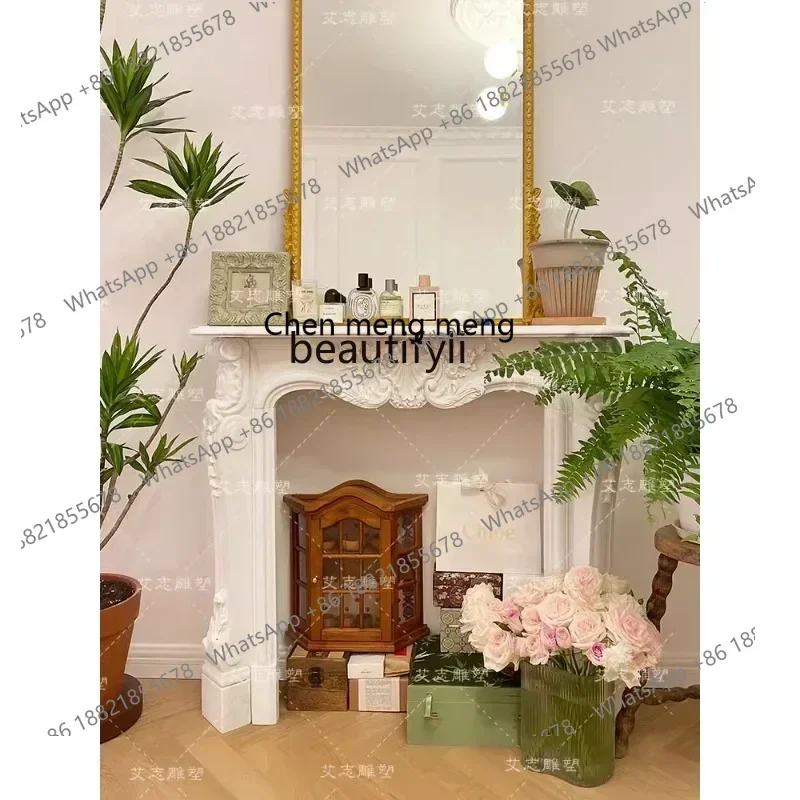 k182xz1Sculpture Marble French Fireplace White Marble Fireplace Background Wall Stone Carving Living Room Villa Decoration Light
