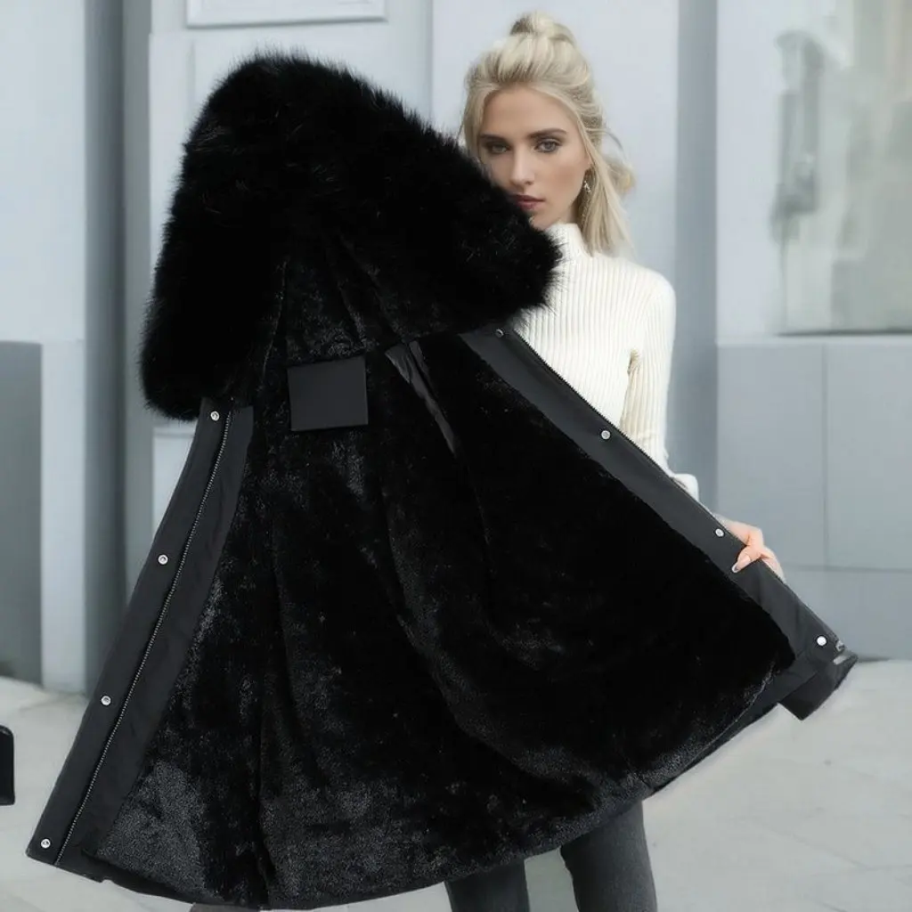 

Winter Cotton-padded Coat for Women Korean Style Mid-length Pike Coat with Maomao Inner Fur Collar And Hood