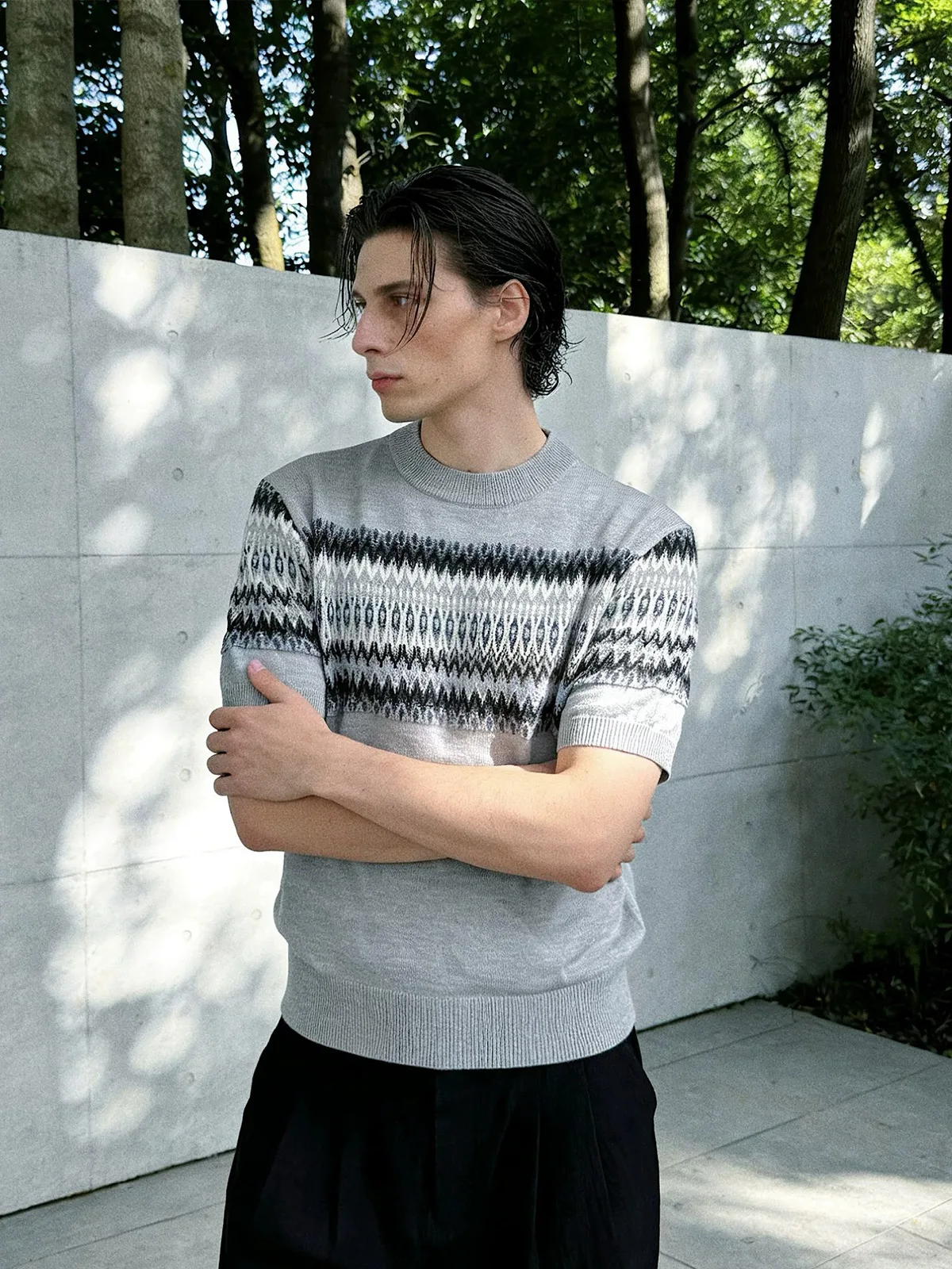 male shirts Wool blend old money style round neck knitted short sleeved breathable and cool short
