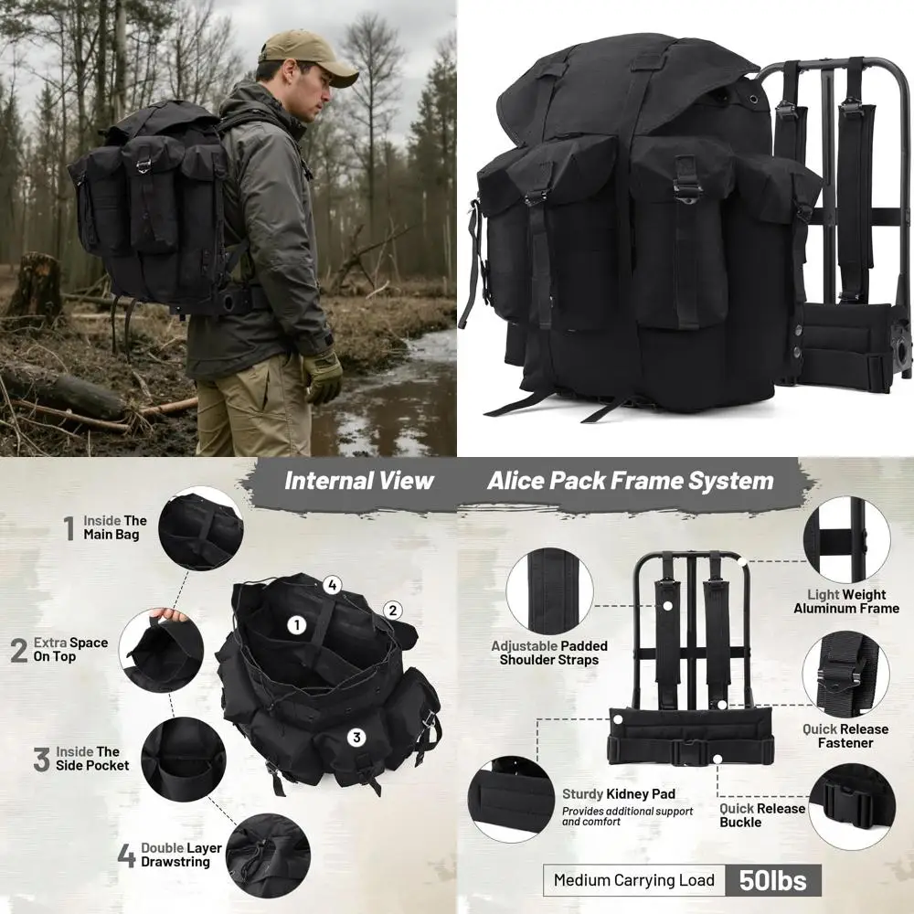 

50L Military Alice Pack Army Survival Combat ALICE Rucksack Backpack for Men & Women for Camping, Hiking, Emergency Black