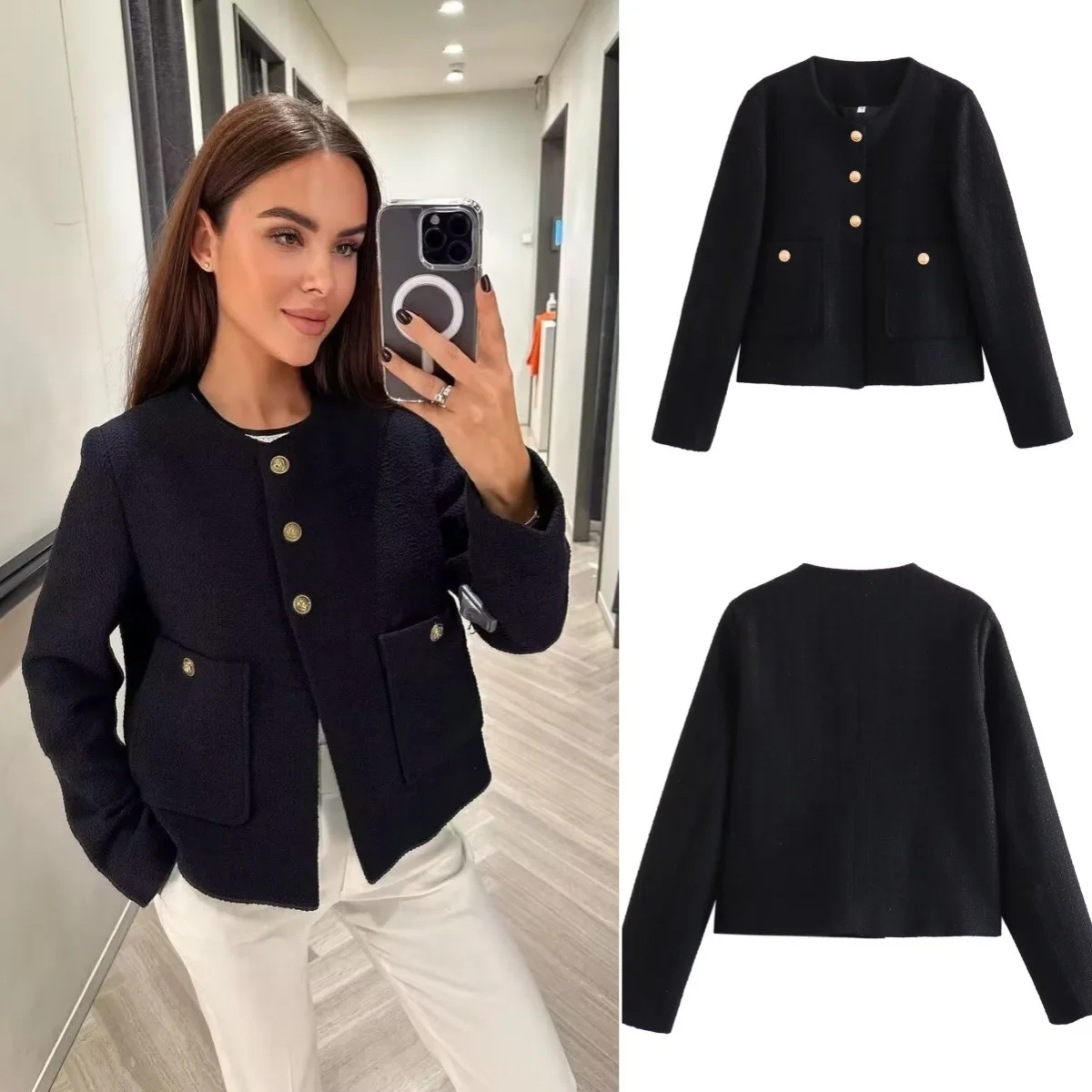 

Весенне-осенние повседневные женские куртки, модная уличная одежда, однобортные однобортные однотонные карманы с круглым вырезом, элегантные женские пальто