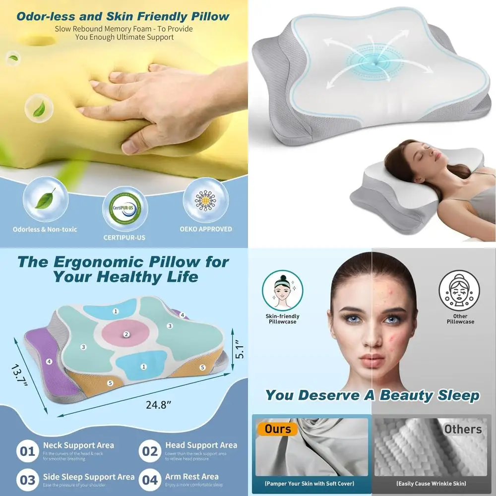 

Ergonomic Cooling Memory Foam Pillow for Neck Support - Suitable for Side, Back, and Stomach Sleepers (Grey Pillowcase Included)