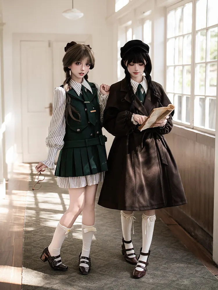 

With Puji Original College Style Fake Two Piece Short Op Dress Cloak Coat Set Sweet Lolita Girl Temperament Dress Set