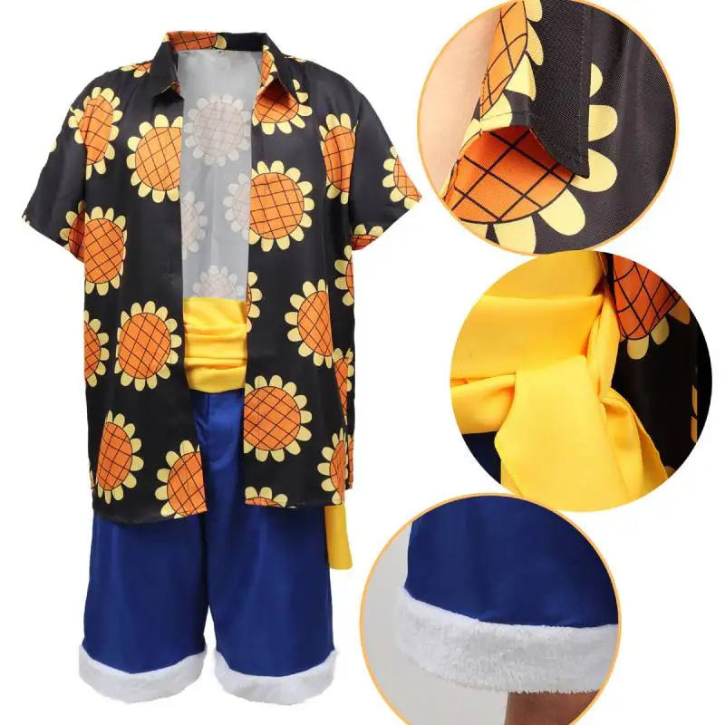 DAZCOS-Camisa de Cosplay Luffy masculina, Roupa Diária do Verão, Performance de Palco, Halloween, Girassol, Curto com Faixa