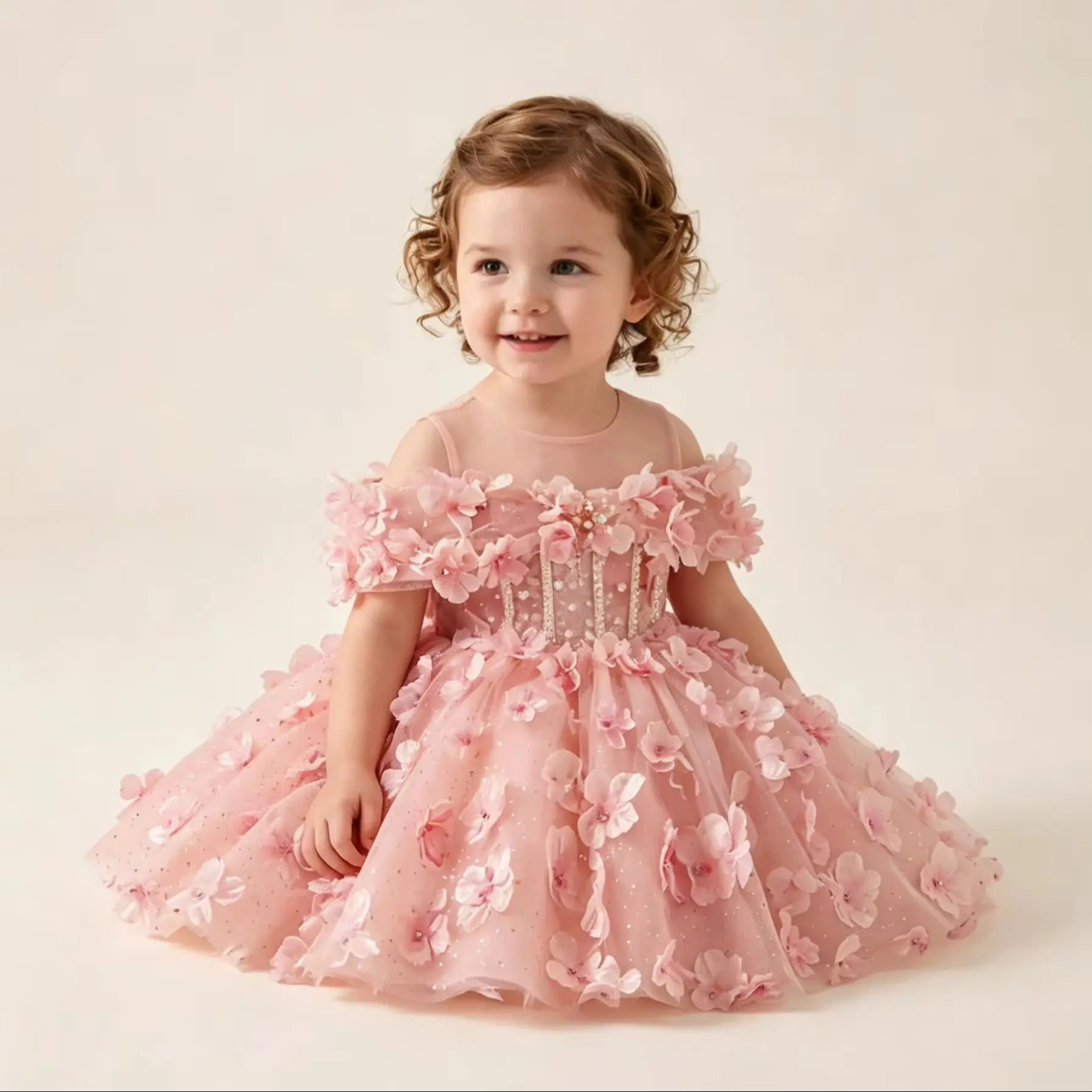 Princess Flower Girl Dress for Wedding Off Shoulder Applique Knee Lenght Kids Birthday Gowns First Communion Gowns Custom