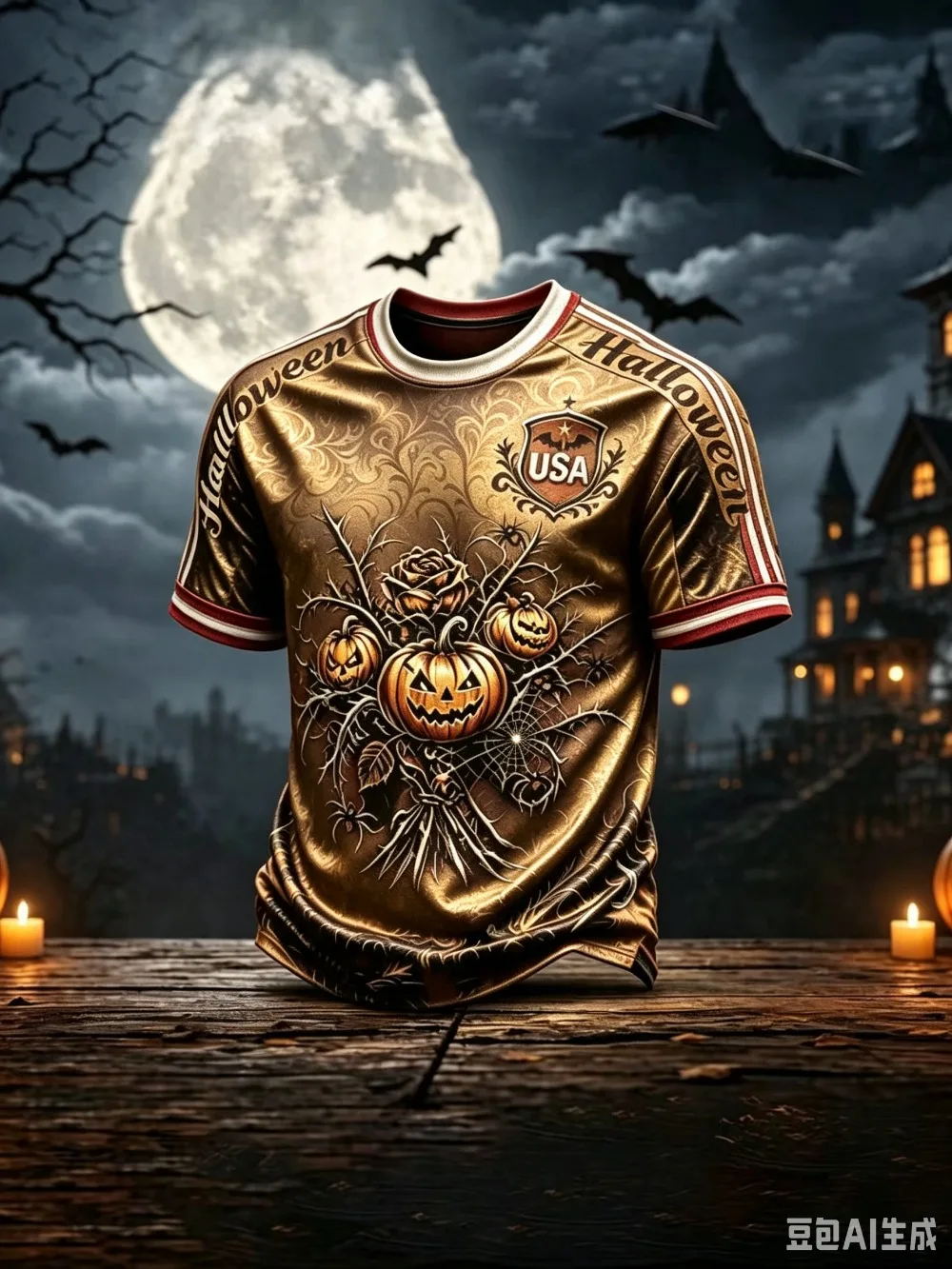 Vintage Red Halloween Football Jersey, Ornate Swirl Background Pumpkin Bat Spider 3D Print, Casual Halloween Party Sport T‑Shirt