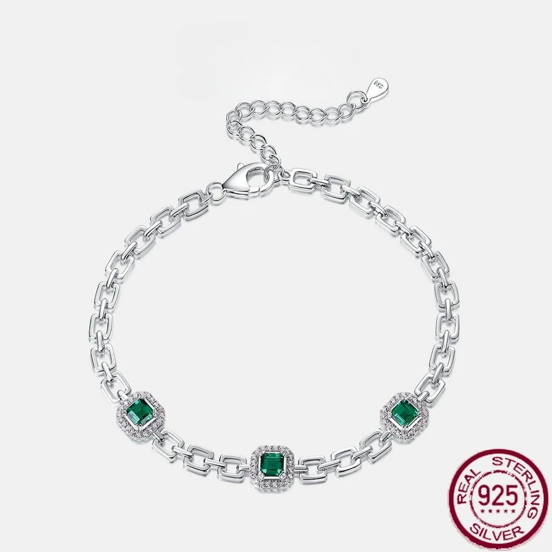 

New S925 pure silver cultivated emerald inlaid geometric color treasure retro bracelet light luxury wedding jewelry