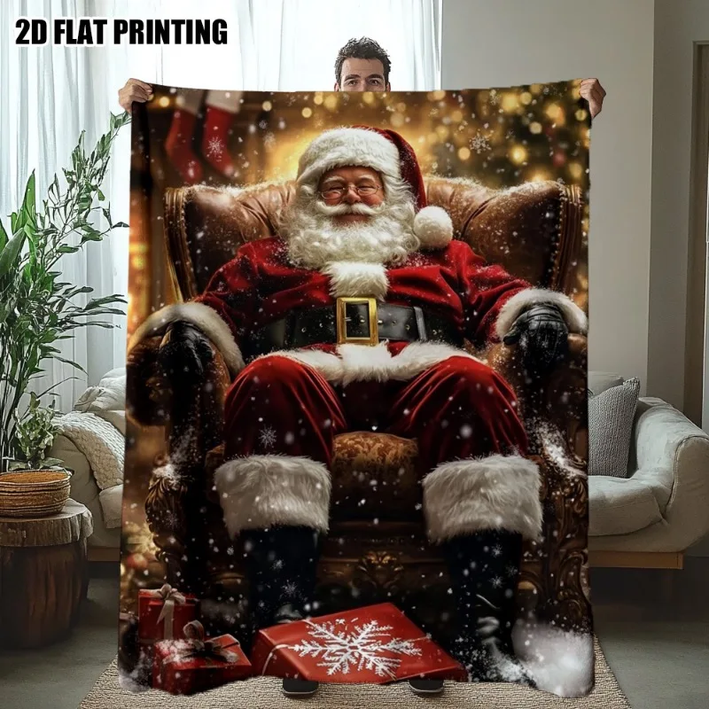1 Stück ultraweiche Flanell-Überwurfdecke mit Weihnachtsmann-Motiv und Geschenkdruck – beige-freundlich und leicht, perfekt für Reisen