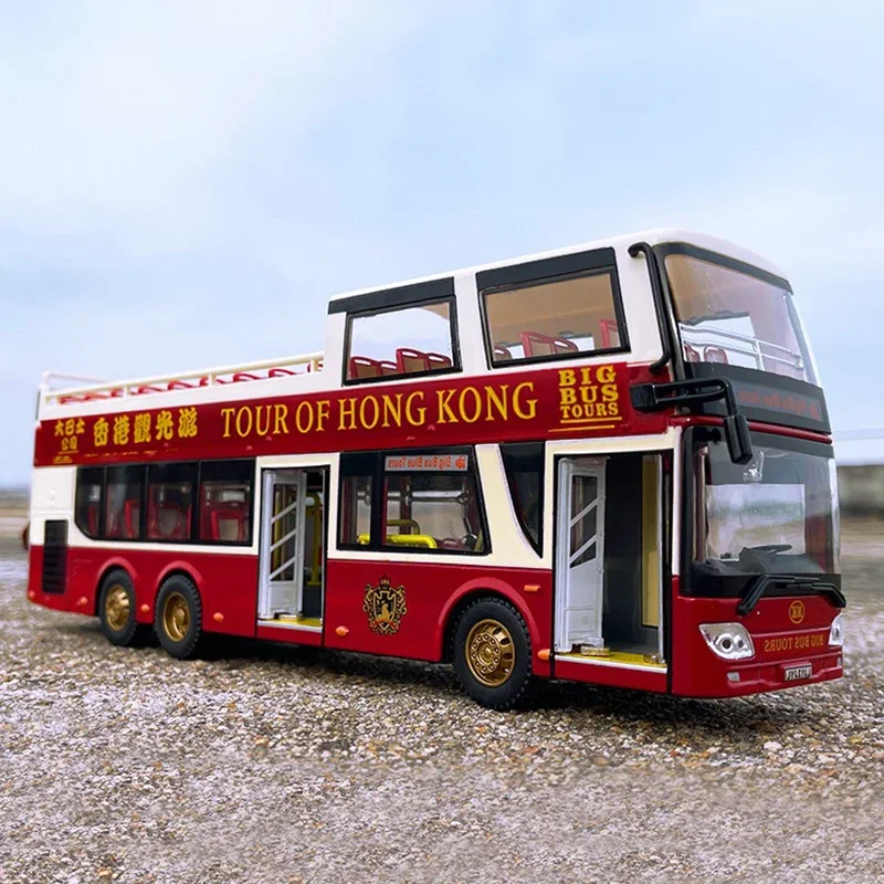 Ônibus de dois andares fundido em escala 1:42, estação de hong kong, modelo de carro de liga, ornamento estático, presentes para meninos, brinquedo colecionável