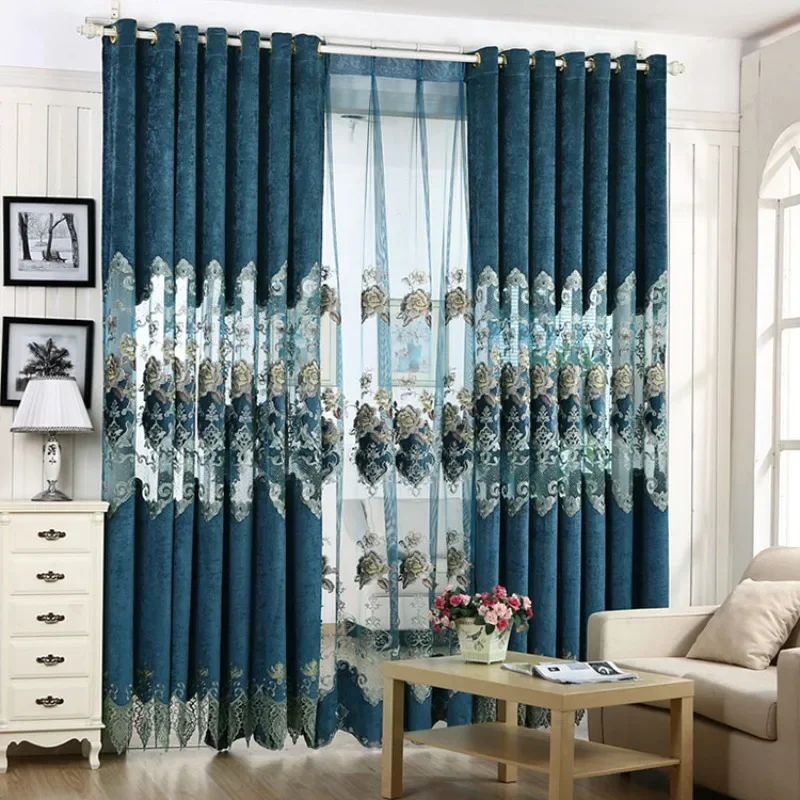 New Chinese Style Finished Fabric Curtains Chenille Semi Opaque Hollowed Out Embroidered Curtain Fabric Home Customized Curtains