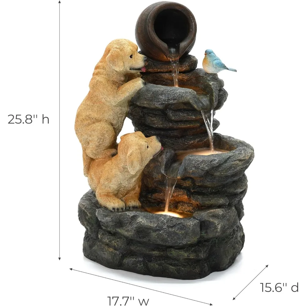 Puppy Rock Tower Farmhouse Resin Outdoor Fountain with Lights