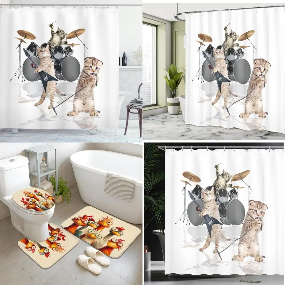 

художественная занавеска для душа с рокерными котятами: крутая группа кошек, пеющих и играющих на гитаре, тканевый декор для ванной комнаты