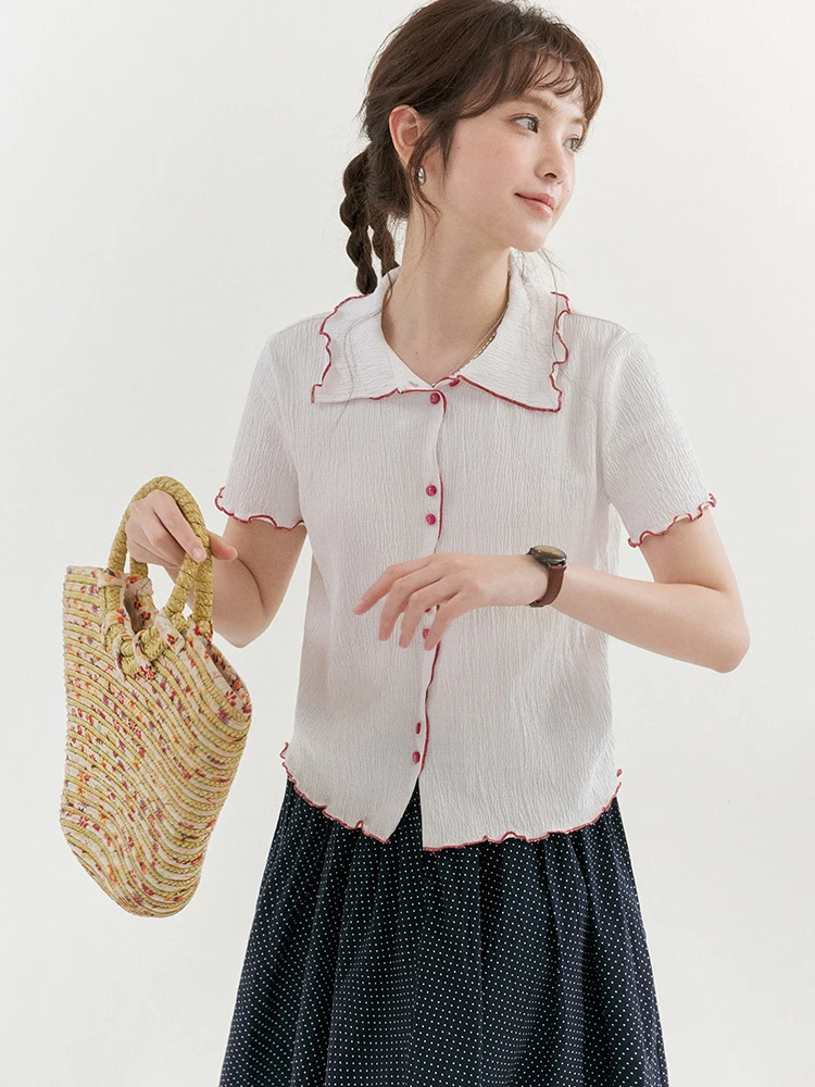AMUU Original Texture Contrast Color Lace Collar Short Sleeve T-Shirt Women Summer New Sweet Style Loose Fit Daily Wear