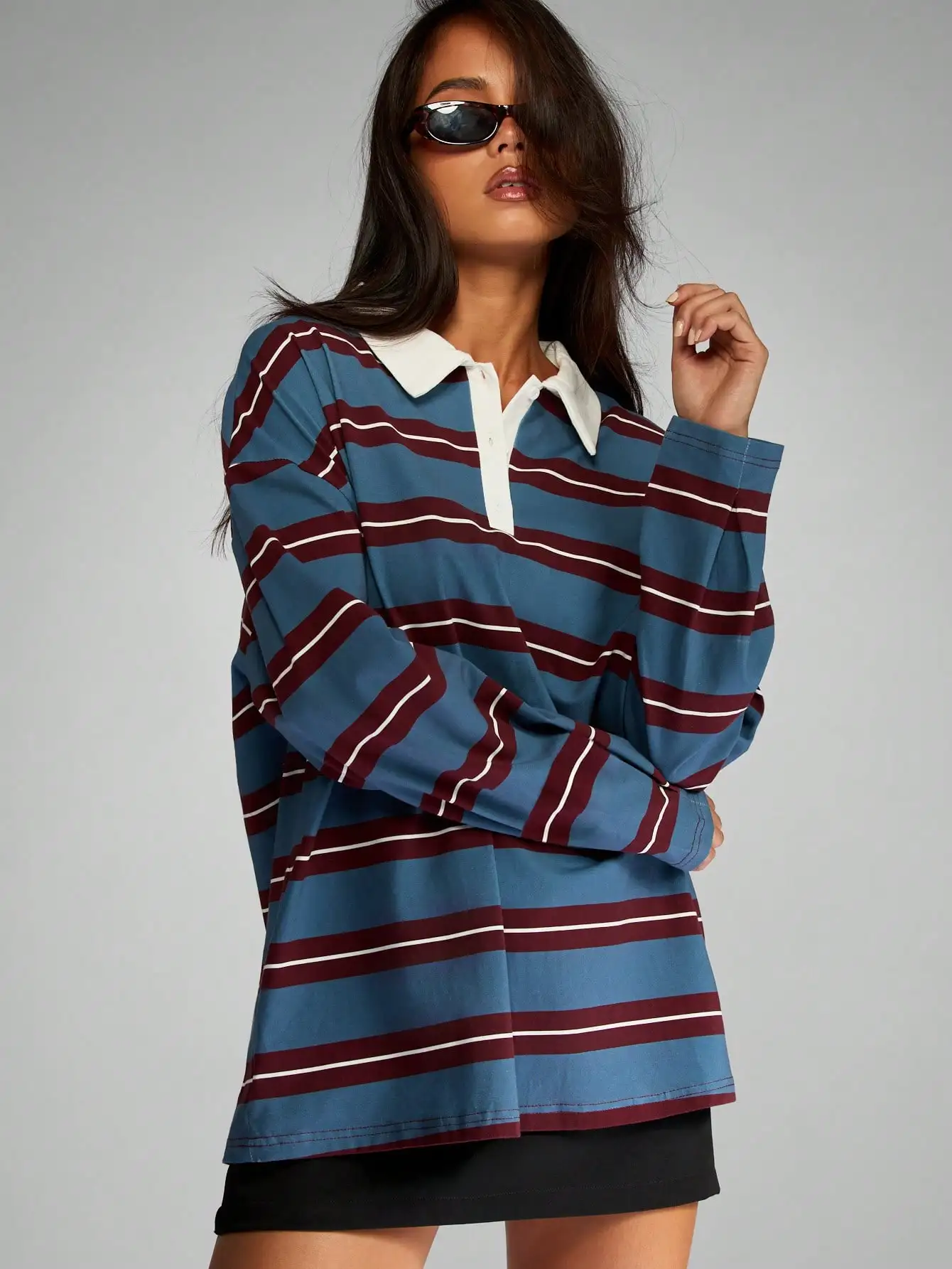 

Оверсайз поло-рубашка с длинным рукавом в полоску, синего и бордового цветов