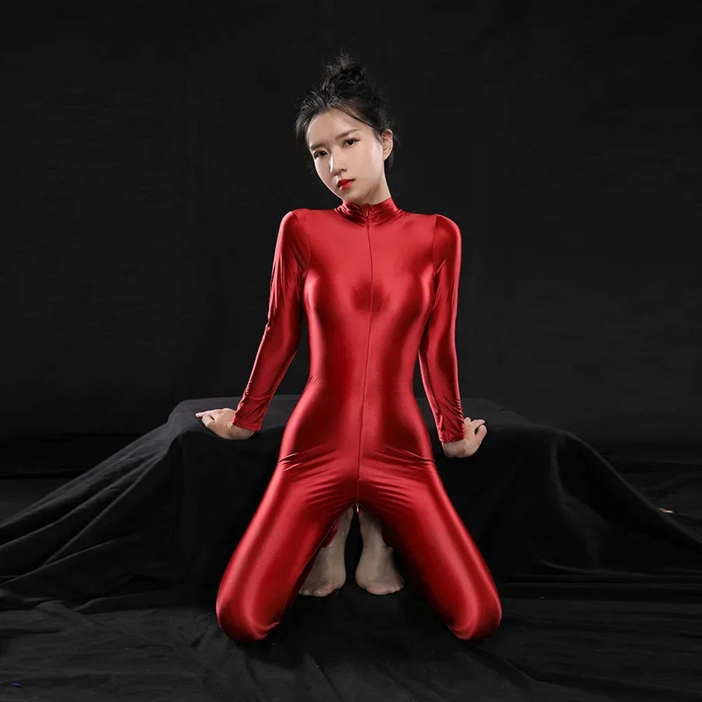 Womens Long Sleeve Zip-Up Bodysuit Tights Glossy Bodystockings Jumpsuit Oily Shiny Erotic Lingerie Elastic Playsuit