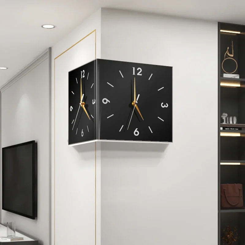 Nordic Creative Double Sided Corner Clock Silent Wall Clocks with Light Clock for Living Room Home Decor Minimalist Decorative