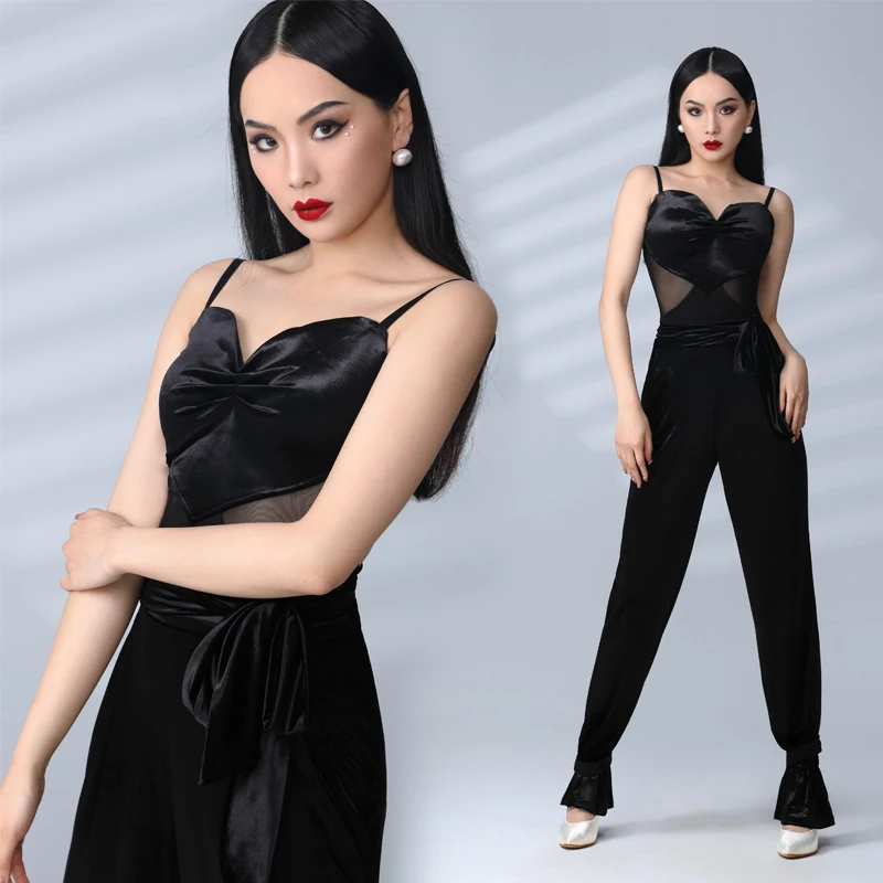 

Sleeveless Velvet Mesh Latin Dance Top Adults Waltz Ballroom Dance Top Women Black Modern Dancing Top Training Clothes SL9022