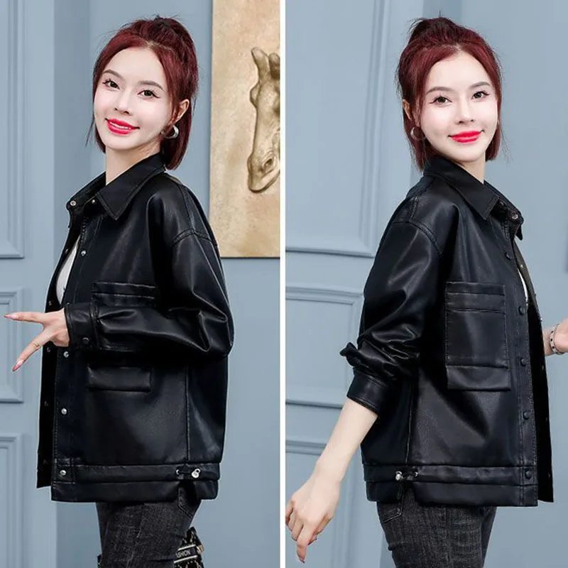 Short PU Leather Jacket NEW Autumn Black Yellow Leather Coat Women All-match Button Outwear Female Korean Loose Casual Tops 4XL