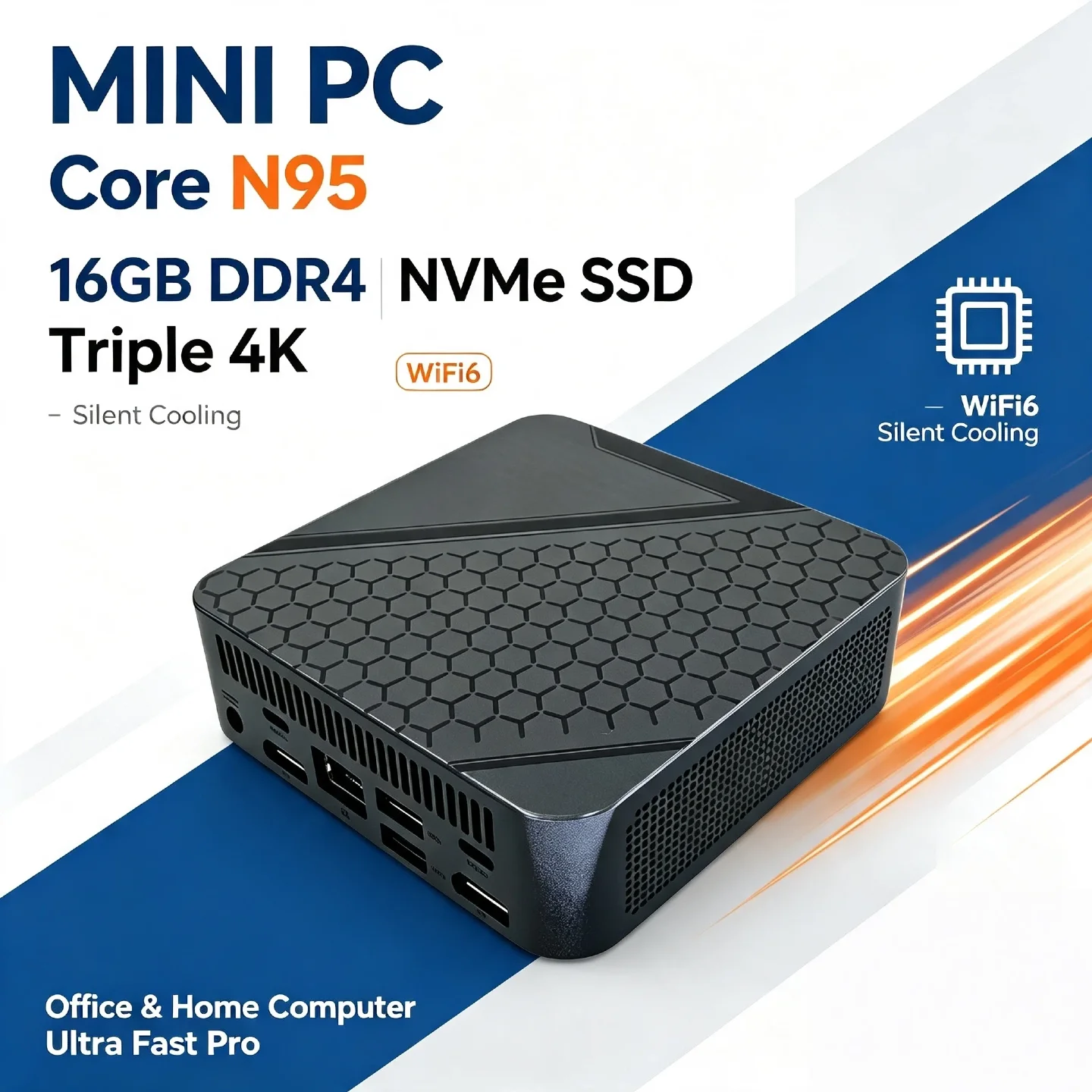 Intel N95 Mini Desktop PC 16GB DDR4 NVMe SSD Triple 4K WiFi6 Silent Cooling Home Office Computer Ultra Fast Pro