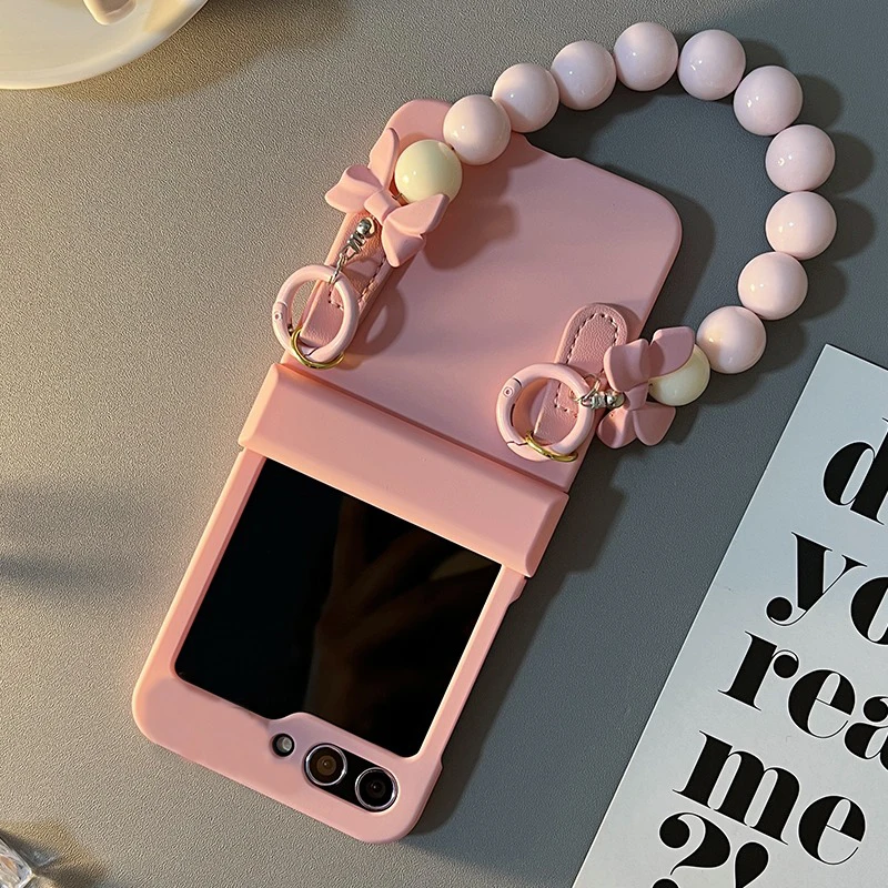 

For Motorola Moto Razr 40 50 Raz 40 Ultra 50 Ultra Razr Plus 2023 2024 Luxury Pink Bow Beads Bracelet Chain Portable Phone Case