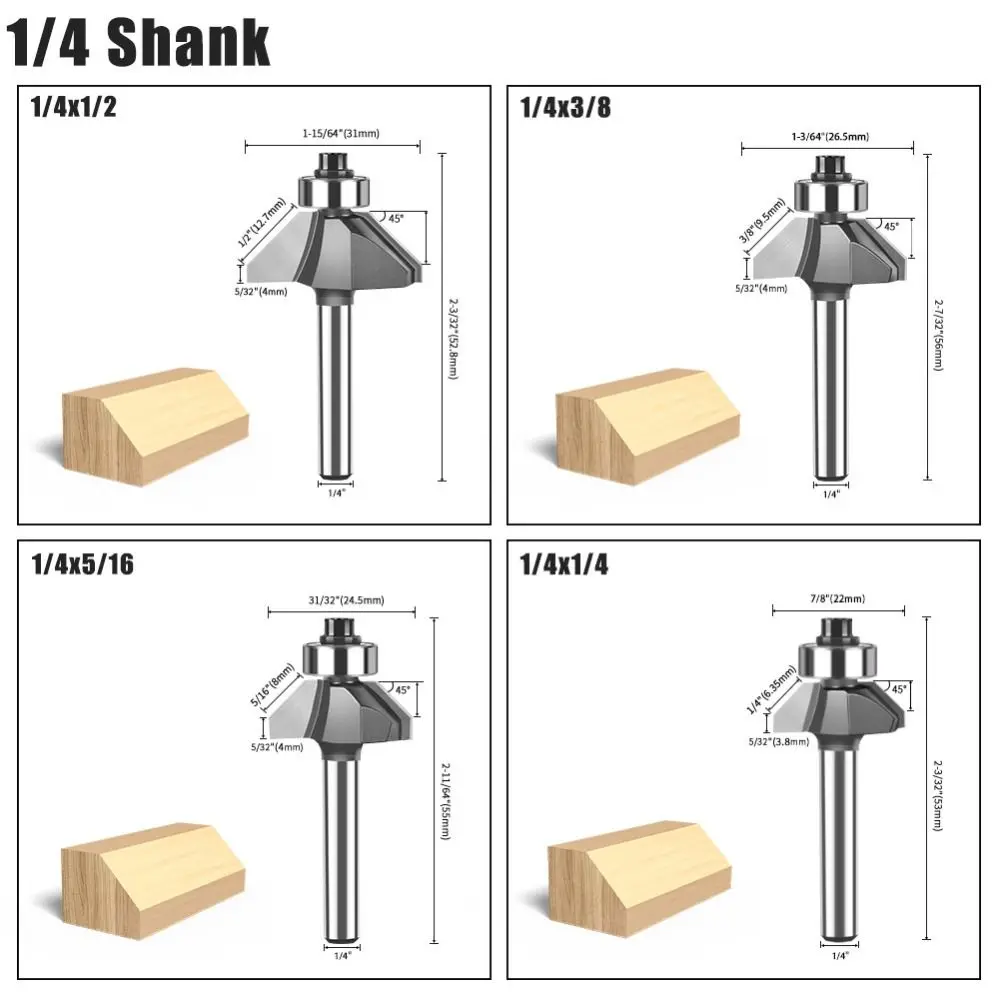 45 Degree Oblique Angle Router Bit 6mm 6.35mm Shank with Bearing Wood Carving Milling Cutter Woodworking Tools