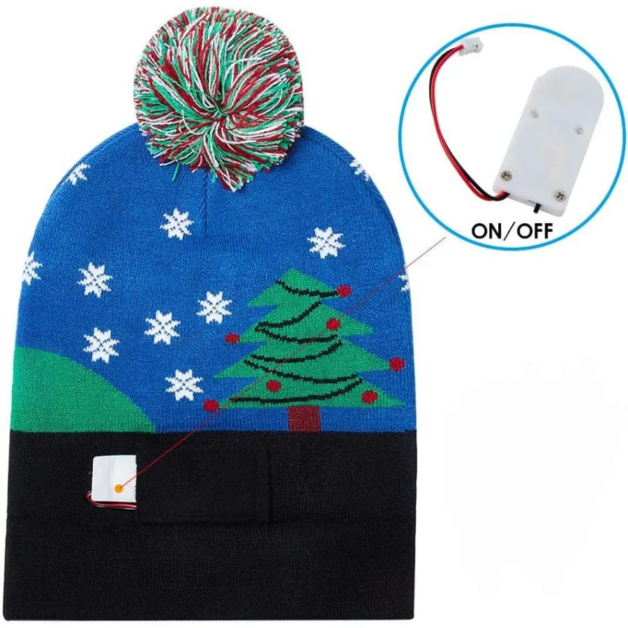 RAISEVERN Unisex Ugly LED Christmas Hat Novelty Colorful Lightup Stylish Knitted Sweater Xmas Party Beanie Cap with 6 Lights fo