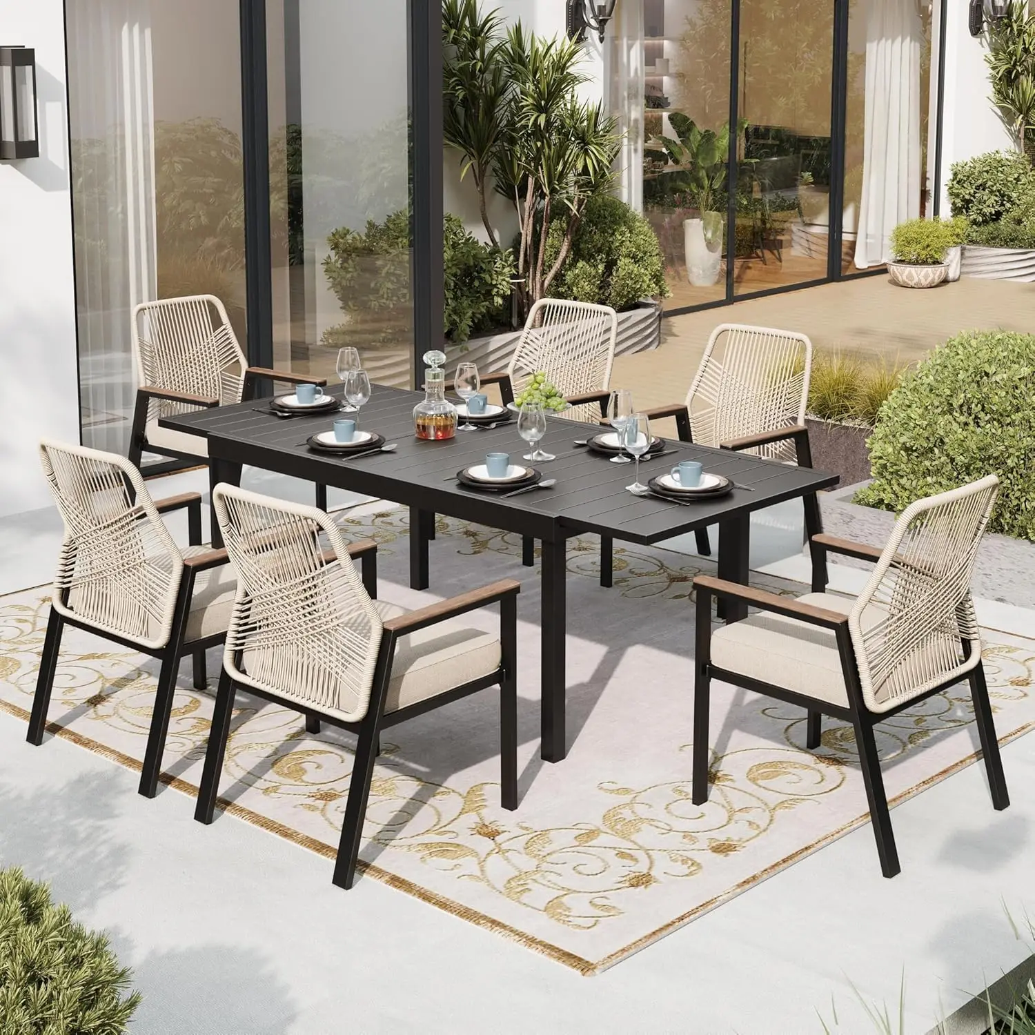 PE Rattan Dining Chairs Set 2, Iron Frame Waterproof Cushion Armrests, 300 lb Rust Resistant All Weather Patio, Customized