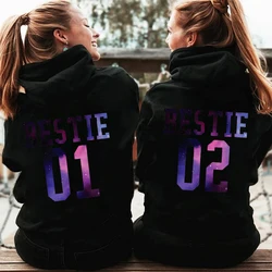 Autumn Fleece Hoodie Bff Bestie 01 Bestie 02 Hooded Fashion Sweatshirts Long Sleeve Top Best Friend Matching Zipper Black Hoodie