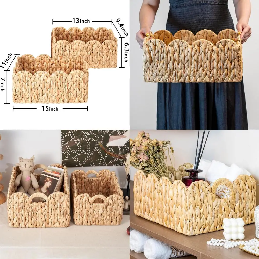 

Scalloped Basket Wicker & Rattan Storage Basket with Built-in Handles, Large Woven Water Hyacinth for Nursery & Bathroom Organiz