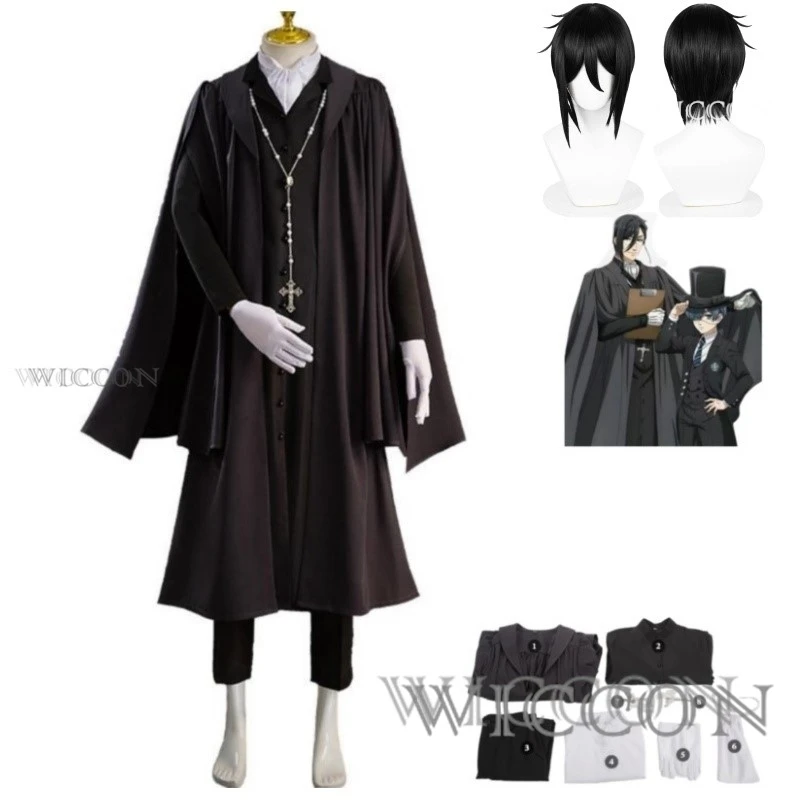 Anime Black Butler Boarding School Sebastian Michaelis Cosplay Costume Wig Black Cloak Cape Uniform Shirt Man Carnival Suit