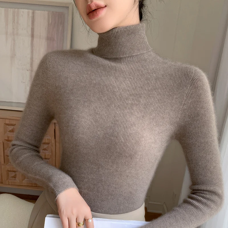 Women\'s Clothing Autumn Winter New 100% Wool Sweater Female Lapel Knitted Pullover Slim Fit Drawstring slimming Tops Long Sleeve