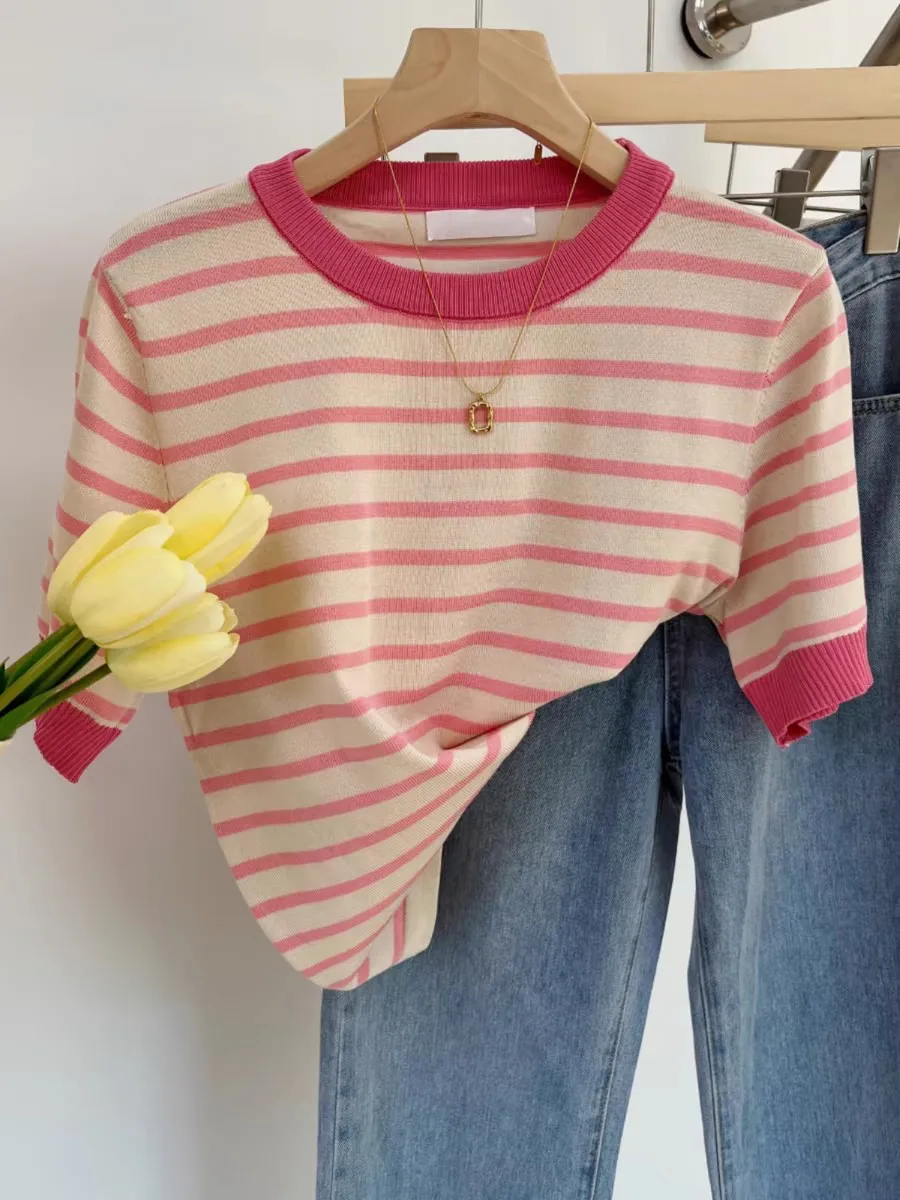 Women's Round Neck Short Sleeved Summer New 100% Pure Cotton Pullover Vest Fashion Striped Contrasting T-Shirt Loose Casual Tops