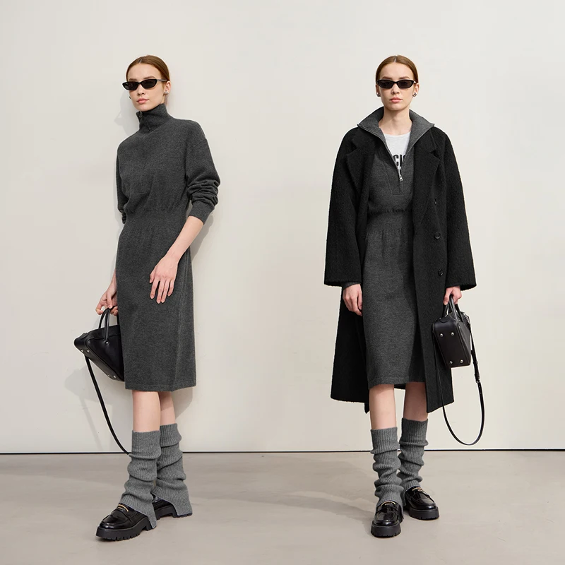 아미 여성 드레스 2025 겨울 신상 오피스룩 터틀넥 지퍼 루즈핏 미디 드레스 긴팔 니트 스트레이트 스커트 12524062
