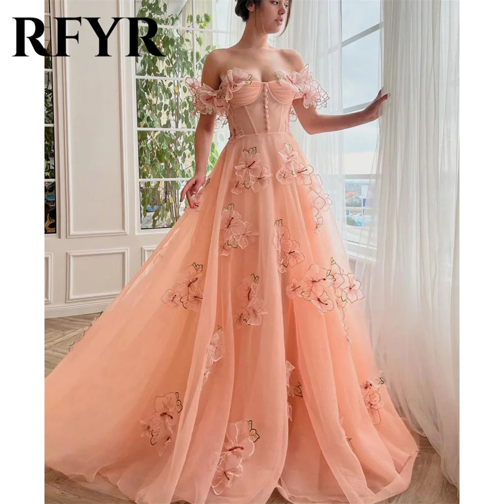 

RFYR Pink Appliques Evening Gown 3D Flower Elegant Prom Gown A Line Wedding Evening Dress with Button robes de soirée Customized