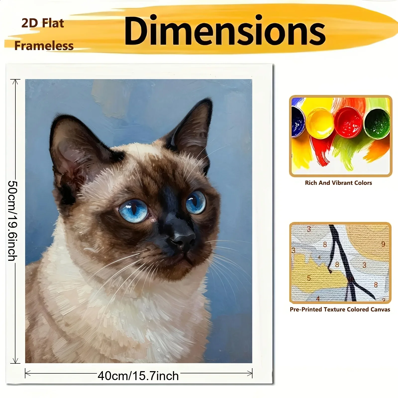 [2D Flat Frameless] [Professional Art Use] 1pc Beginner-Friendly Adult Digital Painting Kit, Siamese Cat Portrait with Blue Eyes