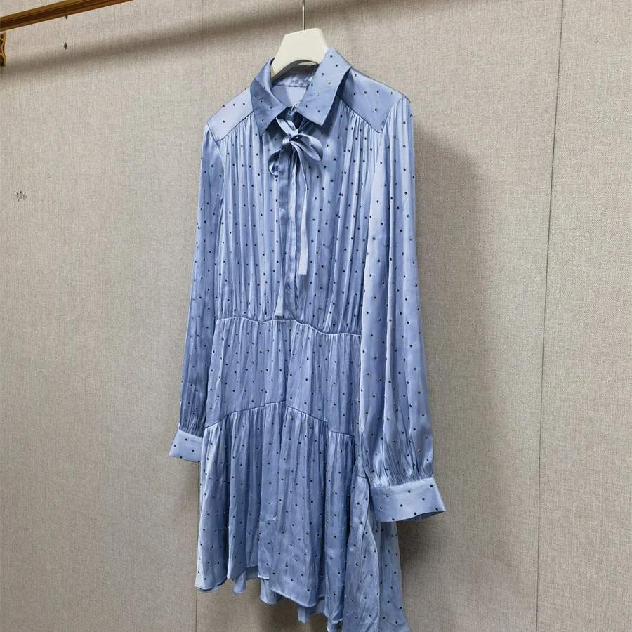 【هدية مجانية】أنيقة 2025 أوائل الخريف موضة جديدة حجر الراين مزين ربطة القوس فيونكة قميص طوق فستان المرأة