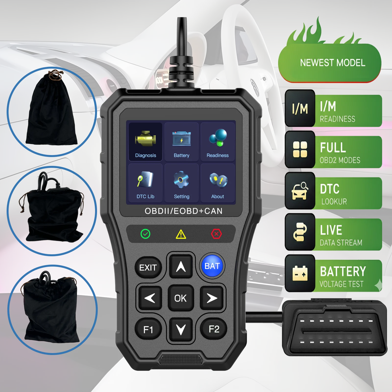 

Сканер OBD2 с тестером батареи — проверка численности света двигателя и выбросов, здоровье батареи, даты в реальном времени, считывателя автомобильных кодов, Su