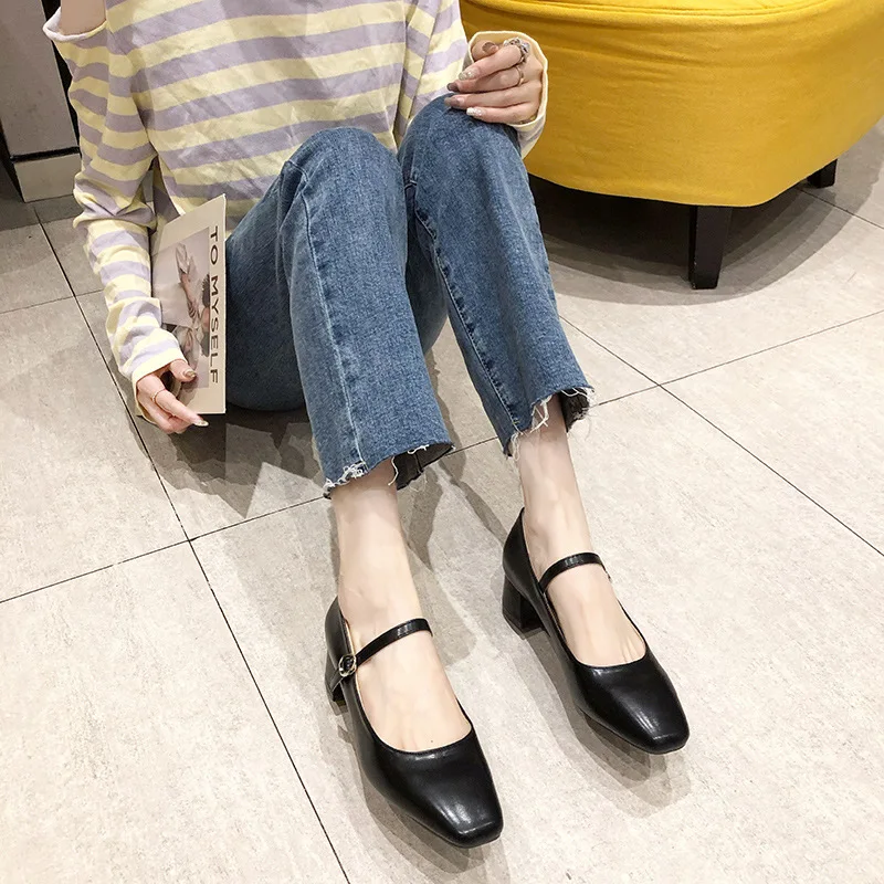 Shoes Woman 2024 Casual Female Sneakers Square Toe Shallow Mouth Flats New Retro Nurse Dress On Heels Office Lady High Mary Jane