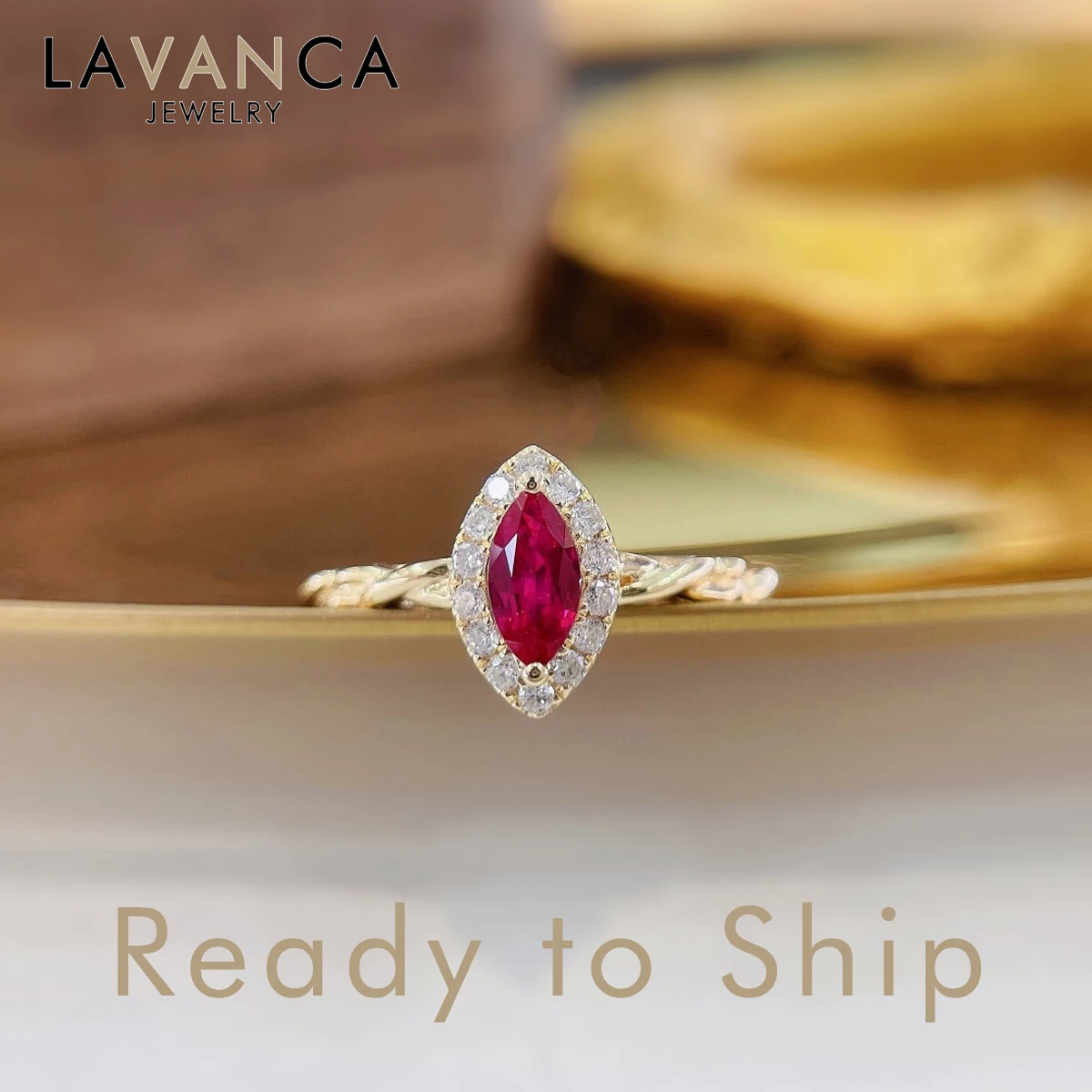 18K Yellow Gold Marquise Cut 100% Natural Ruby Ring Halo Style Round Cut Real Natural Diamond Ring Engagement Ring For Women