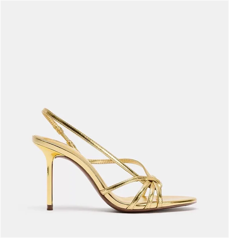 Summer new round headed gold patent leather thin strap sexy sandals for banquet dresses, large-sized slim high-heeled women shoe