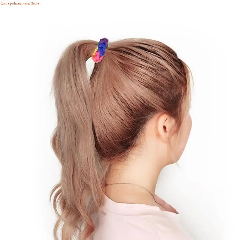 F92D Handcrochet Hair Scrunchies for Women Hair Elastic Rainbow Color Hair Rings Aesthetic Hair Tie Couple Travel Wristband