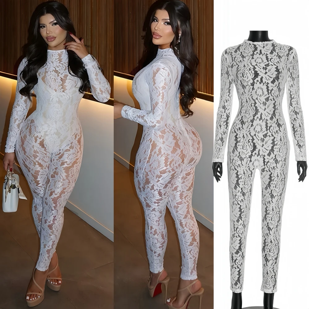 

FAGADOER сексуальные кружевные прозрачные облегающие комбинезоны женские цельные комбинезоны с длинными рукавами и цветочным принтом женские уличные комбинезоны, новинка 2023 года