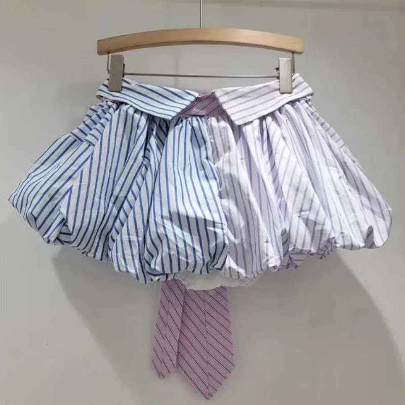 Y2K Słodka Uliczna Spódniczka Mini w Paski Damska Estetyczna Patchworkowa Spódniczka w Paski z Wysokim Stanem, Dopasowana, Krótka Spódniczka z Wiązaniem na Lato