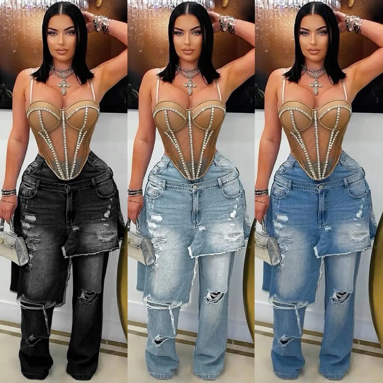 Women Spliced Loose Fit Casual Wide Leg Straight Simple Basic Daily Denim Trousers Four Seasons European American Female Jeans