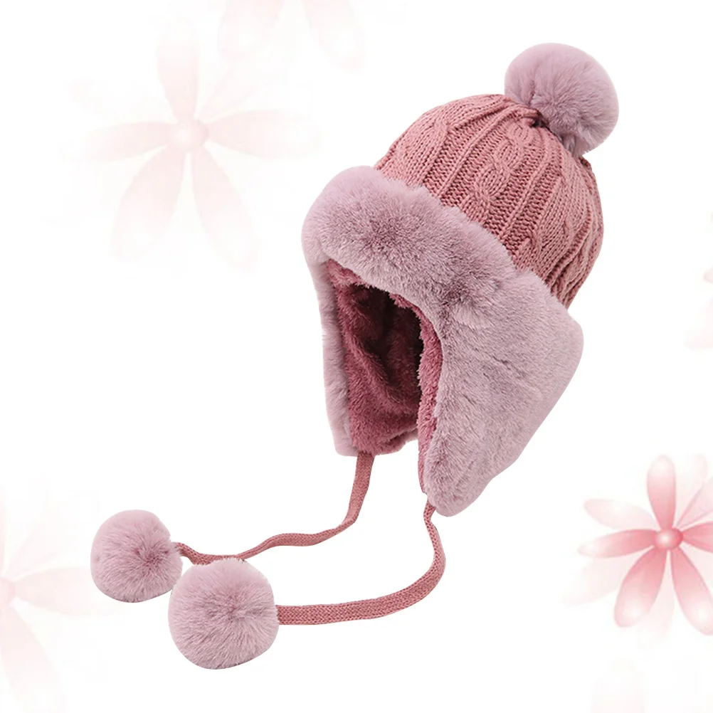 

Knitted Earflap Hat Autumn Winter Warm Headwear Pom Pom Ball String Tie Adults Headwear Knitted Hat with Earflap