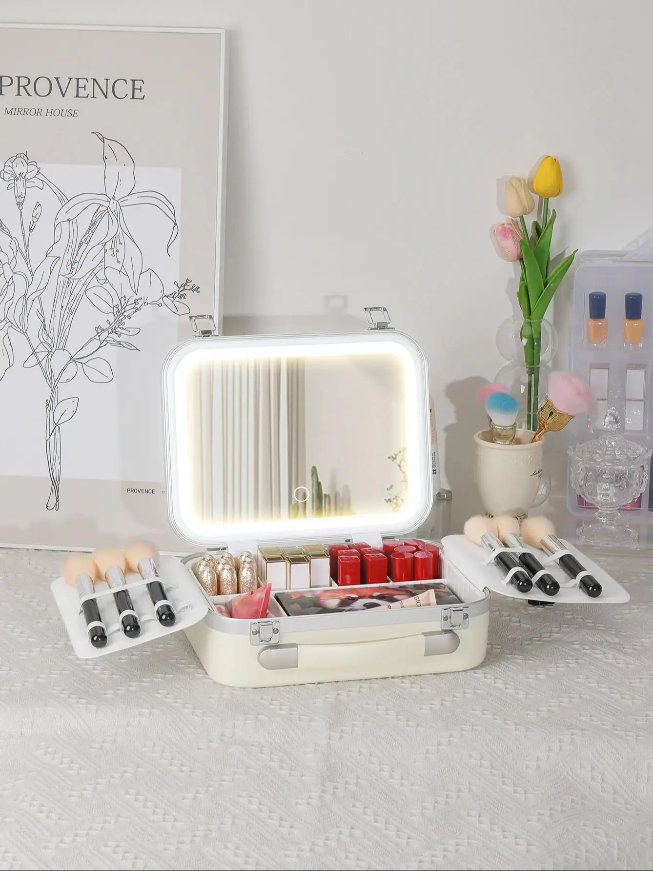 Luxury Large-capacity Full-screen Led Mirror Makeup bag Case Aluminum Frame Box Cosmetic Box With LED Light mirror