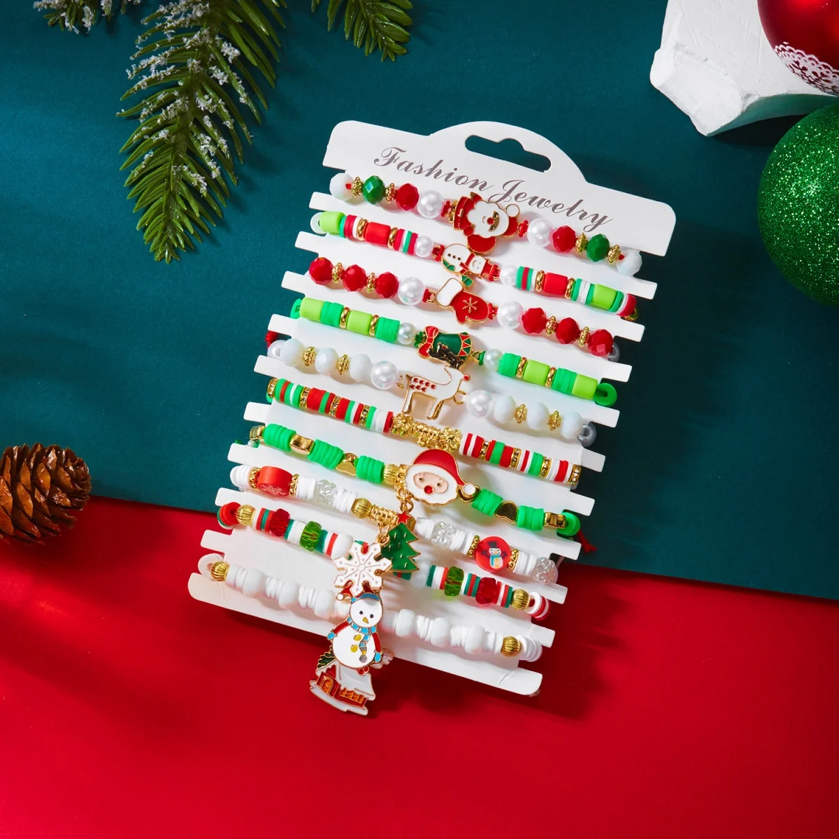 10 Teile/satz Weihnachten Armband Santa Claus Schneemann Schneeflocke Deer Baum Lebkuchen Kristall Reis Perlen Armreif Für Frauen Männer Schmuck